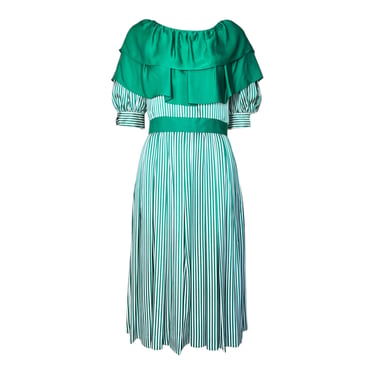 1980's Green and White Striped Silk Dress with Flutter Collar