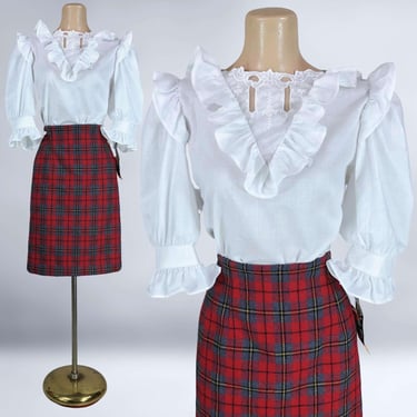 VINTAGE 80s White Neo Victorian Ruffled Blouse | Romantic Cottagecore Top by Parallel Lines | Sz Large NOS | vfg 