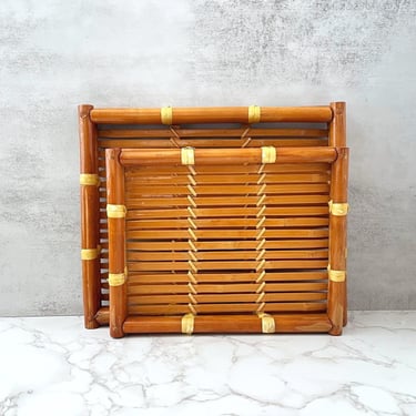 Vintage Bamboo Nesting Trays – Set of 2 Boho Serving Trays, Woven Rattan-Style Kitchen Decor 