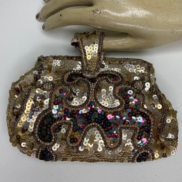 Vintage 1930s Gold Sequin Bead and Pearl Thumb Strap Clutch Handmade in Belgium 