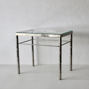 1970s Mid-Century Modern Chrome Faux Bamboo Glass Top Side Table 