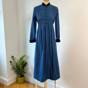 Vintage 1980s Denim Maxi Dress, Velvet Trim, Pleated 