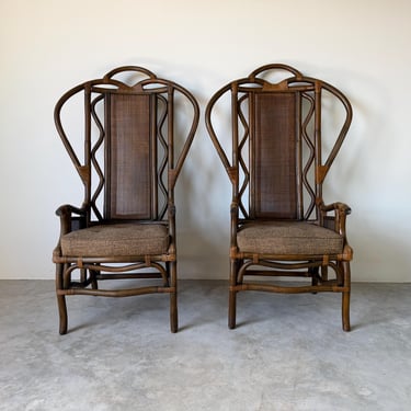 Vintage Bent Rattan & Wicker High Back Chippendale Style Arm Chairs - A Pair 