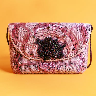 80s Pink Purple Beaded Cluster Art Deco Clutch Vintage Strappy Intricate Bead Art Purse 