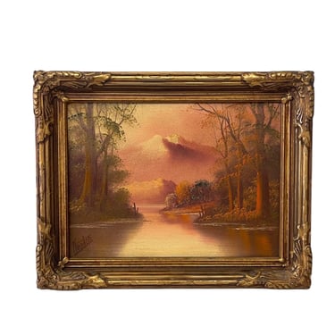 Free shipping within continental US - Framed Landscape Possibly Oil Painting Signed Newton - Autumn River Scene with Mountains 