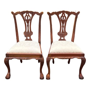 Intricately Carved Rustic Mahogany Chippendale Dining Chairs - Set of 2 