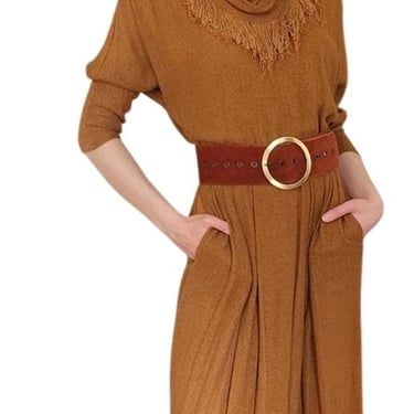 Vintage 1980s Brown Dress Fringed Cowl Collar Mad Max Distopia Positive Attitude 