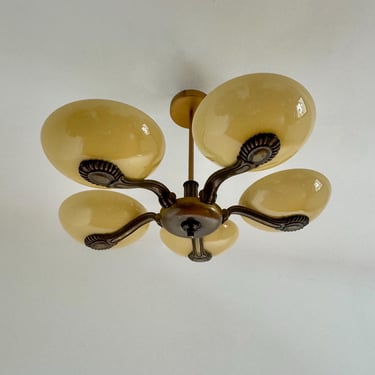 Vintage Art Deco 5 Arm Chandelier / Mid Century Beige Glass Pendant Lamp / Yugoslavian Ceiling Light / 1960s 
