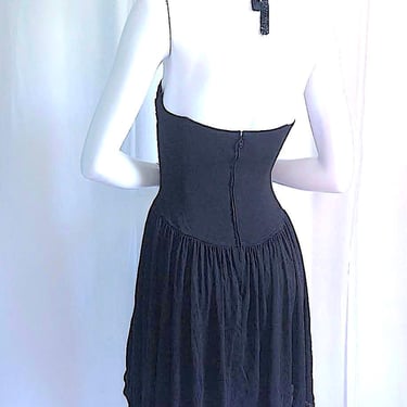 80s JEAN MUIR Sequin Dress, Archival British Couture, 90s Boned Corset Dress, 1980s Ruched Jersey Dress, Hand Beaded LBD, Vintage Prom Dress 