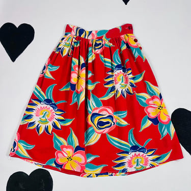1940s tropical cotton floral print skirt 40s seersucker textured Hawaiian flower printed textile gathered 26 high waist below knee skirt S 