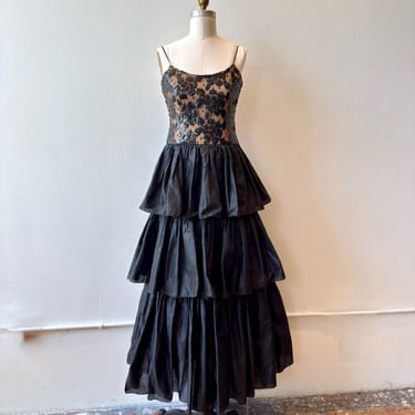 True Vintage 1980s Richilene Black Tiered Cocktail Dress, Avant Garde Prom Dress 