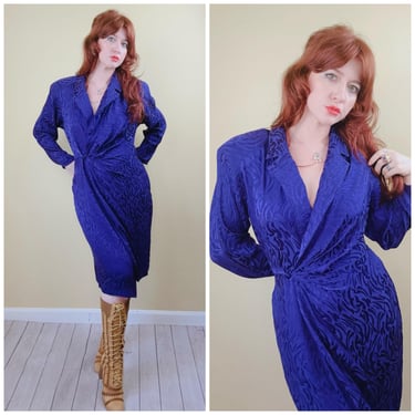 1980s Vintage Purple Silk Wrap Dress / 80s Pat Argenti Jewel Tone Long Sleeve Wiggle Dress / Large 
