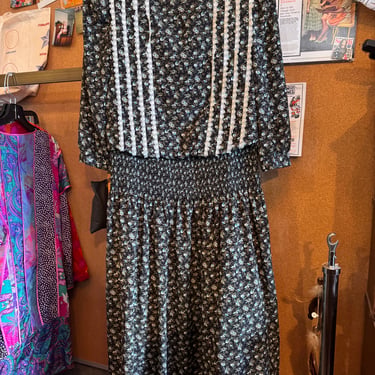1980s Floral Shirred-Dropwaist Dress
