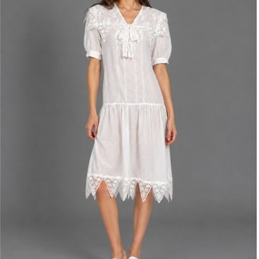 Vintage White Lace Midi Dress Size Small Romantic Cottagecore Puff Sleeve Drop Waist 80s 90s 