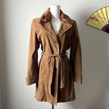 90s vintage camel tan brown suede leather faux fur collar belted coat jacket 