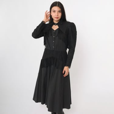 Vintage Lilia Smitty Western Dress 80s Black Fringe Prairie Midi Keyhole Button Up Lace Long Puff Sleeve 1980s Goth Witchy Cowgirl Small 5/6 