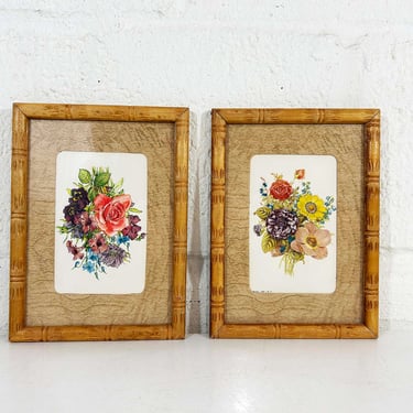 Vintage Framed Floral Print Botanical Flower Bamboo Frame Lithograph Flowers 1970s 1960s 