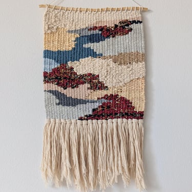 Wall Weaving/Hanging - Woven Tapestry - Batik Print Fabric, Red, Camel, Blue, Grey - Raffia - Boho Fiber Art - Handwoven Weave - Art (B2) 