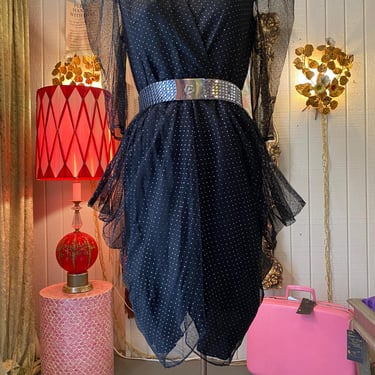 vintage 1980s sheer net glitter dress, avant garde 80s fashion, draped puff med 
