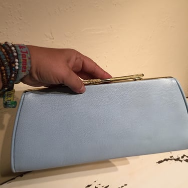 As Her Eyes Go Wow - Vintage 1950s 1960s Blue Leather Vinyl Long Clutch Handbag Purse 