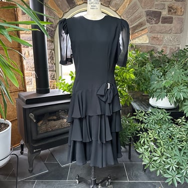 Vintage 1980s Formal Black Crepe Drop Waist Rhinestone Center Bow Black Tie Event Dress 