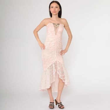 Vintage 80s Pink Lace Party Dress Climax Evening Gown Beaded Sequin Ruffled Hem Sweetheart Neckline 1980s Spaghetti Strap Extra Small xs 