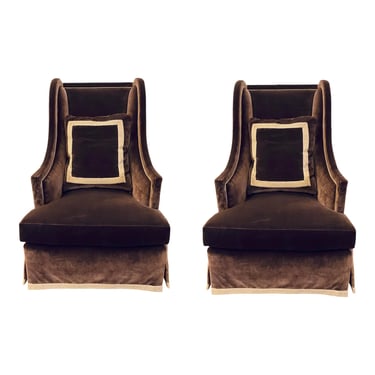 Theodore Alexander Transitional Sable Velvet Wingback Chairs Pair