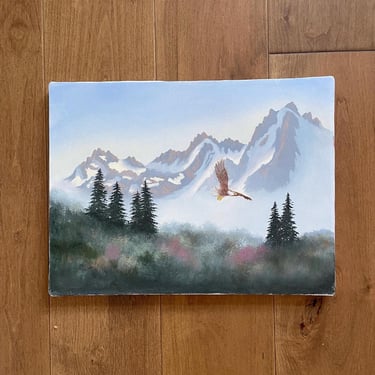 Vintage Eagle Mountain Oil Painting • Original Pacific Northwest Landscape Art • Stretched Canvas Pine Tree Scenic Wilderness Wall Decor 