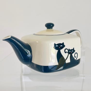 Vintage 1990s Modern Noir Black Cat Teapot Hues N Brews Cattitude Decor Coffee Tea Pot Thailand 