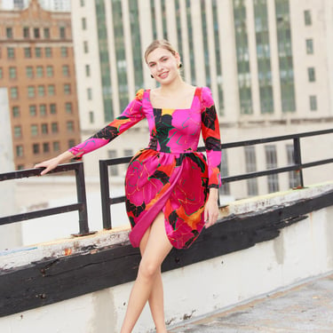 80s Silk Pink Abstract Bold Flower Print Dress Vintage 1980s Floral Petal Draped Waist Della Roufogali Dress 