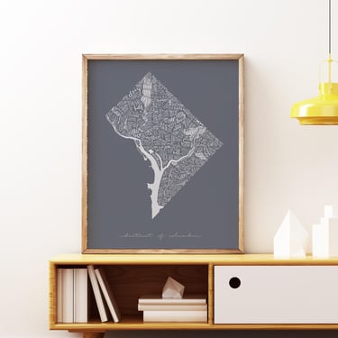 Washington DC Neighborhoods Map Poster in Gray: Hand Lettered Art Print 