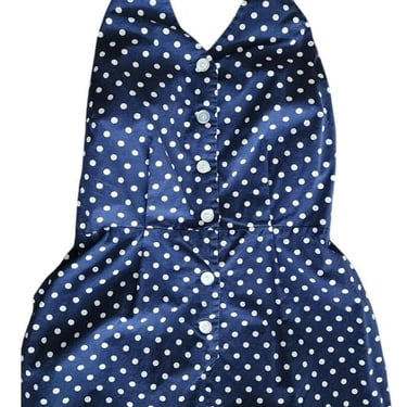 Vintage 70s Romper Polkadot Cotton Print Navy Blue White Halter Top Open Back Sz LARGE 