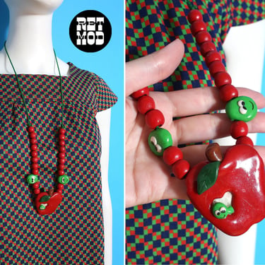 Adorable Red Apple, Green Worms Handmade Clay & Wood Bead Statement Necklace 
