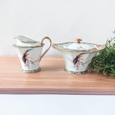 Vintage Theodore Haviland Limoges Bamboo Creamer and Sugar Bowl Set/France/Bird in the Center/Collectible Replacement/Woodland/Rare/READ ALL 