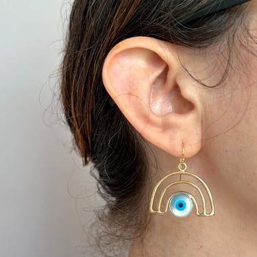 Handmade Brass Rainbow and Evil Eye Dangle Earrings 