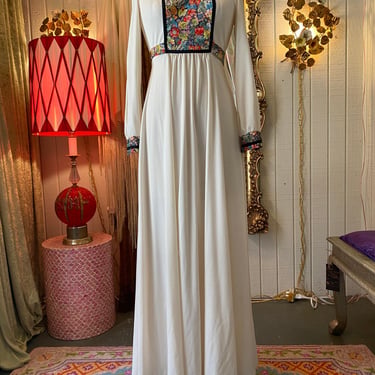 vintage 1970s bib front cowl neck maxi dress, floral patchwork, hippie boho, xs 