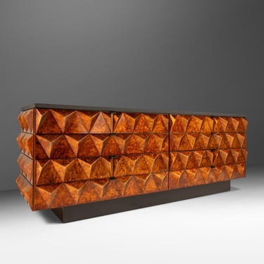Rare Brutalist Space Age Sculptural Diamond Faced 8-Drawer Dresser / Sideboard w/ Leather Top, Italy, c. 1970s 