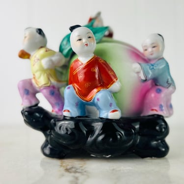 Vintage 9.5" Chinese Porcelain Figurine Shou Tao Longevity Peach Giant Peach carried by five children, Asian Decor Chinoiserie Birthday Gift 