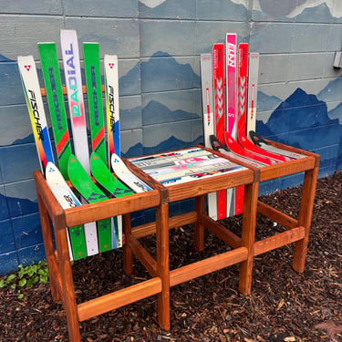 Upcycled Ski Bar Stools Set – Patio Pub Chairs, Custom Colors - adjoining table all one piece 