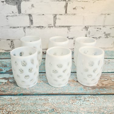 Vintage Fenton Art Glass Barrel Tumblers Set of 6 White Coin Dot Pattern 