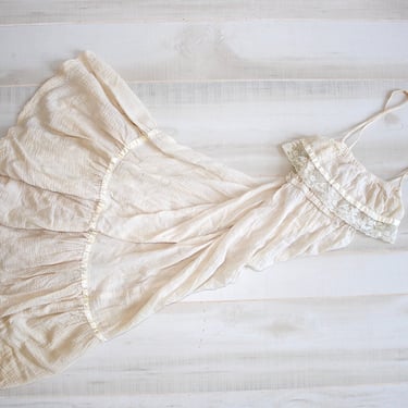 Vintage 70s Gauze Dress, 1970s Ruffle Lace Sundress, Boho, Hippie, Midi, Prairie, Tiered Skirt, Gunne Sax, White 