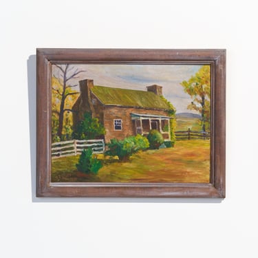 Vintage 1943 Cottage Painting // Primitive Countryside Landscape with House Original Oil Painting // Artist Signed “H D Rose” 