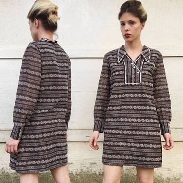 Vintage 60s Youth Quake Brown + White Floral Patterned Sheer Long Sleeves Collared Neck Mid Length Mod A-Line Dress M 