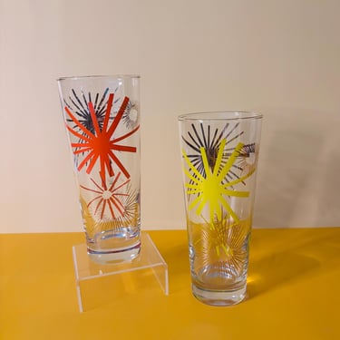 Russel Wright Atomic Asterisk Highball Glasses, Set of 2 | Bartlett Collins Oklahoma Rocket Burst Tumblers | Red Yellow MCM Barware 