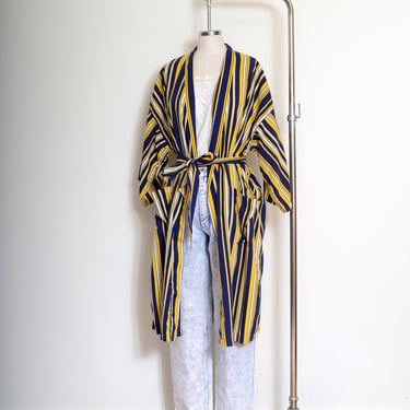 vintage 60s striped cotton robe by Marshall Field & Co / navy and yellow waist tie duster / small - XL 