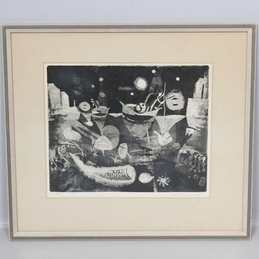 Surrealist lithograph black white vintage art print mid century art print framed Swedish painting 1960s art original 1950s wall art 