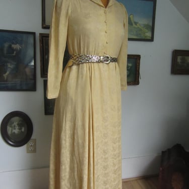 Raw Silk Sidha Dress, 1980's Dream Dress. Ivory Cream, Italian Silver Metallic Thread Leaf Pattern, Rolled Collar, Puff Sleeve, Ankle Length 