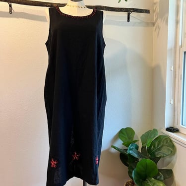 Vintage 90s Black Linen Floral Beaded Embroidered Tank Midi Dress Size  2X 
