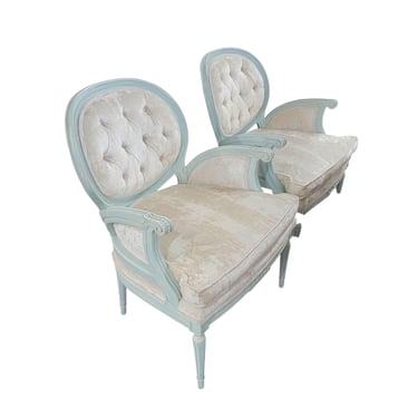 Pair Louie XVI French Cabriolet Arm Chairs 