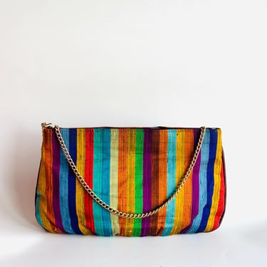 Vintage striped raw silk curb link chain strap purse convertible to clutch with leather trim in muted rainbow tones 70s 